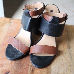 Brown and black leather chunky heels